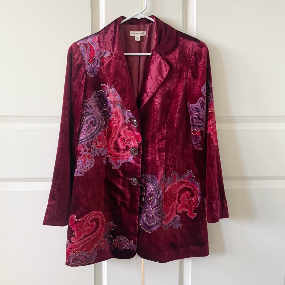 Coldwater Creek Burgundy Velvet Smoking Paisley Print Jacket Blazer Size 12